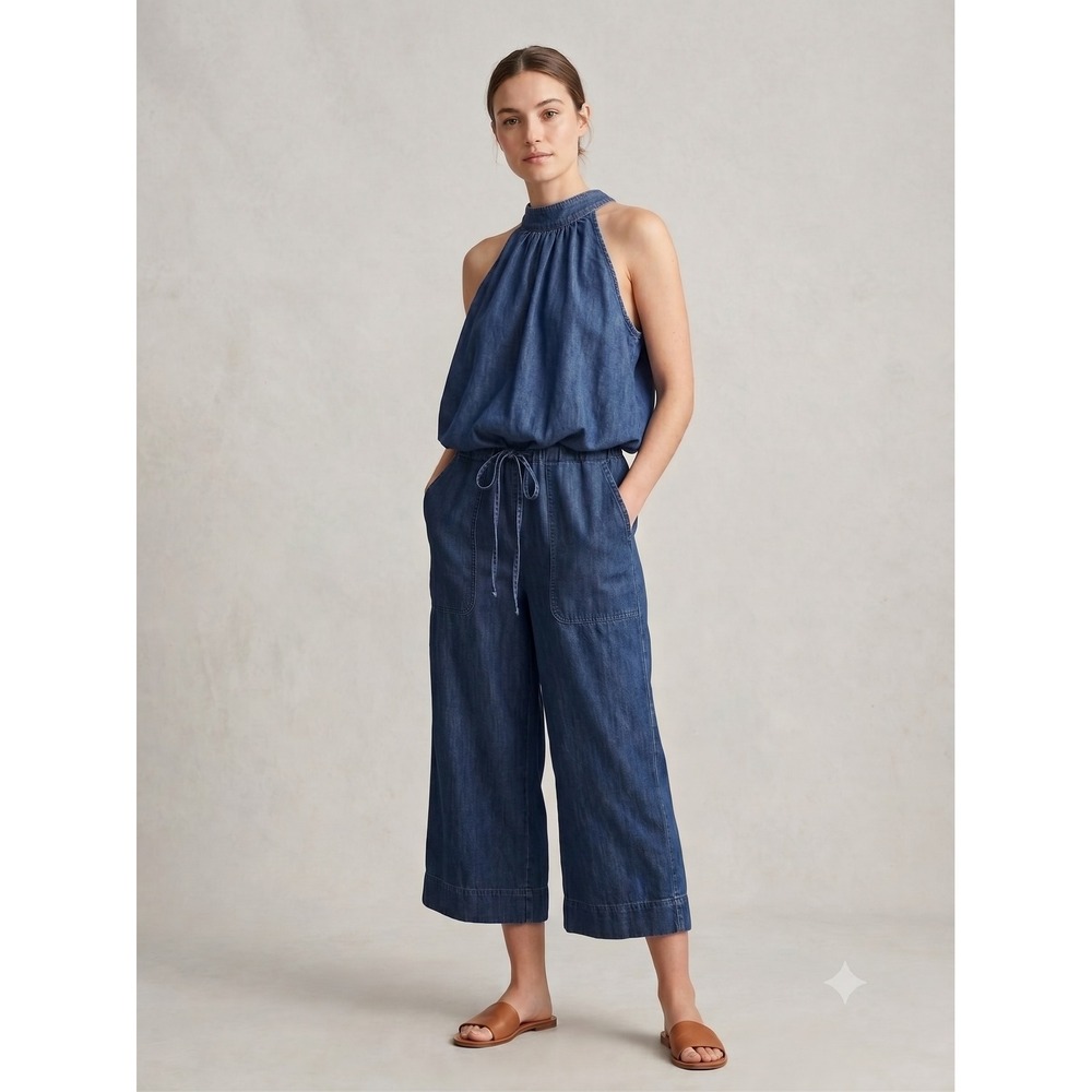 Anthropologie Cloth & Stone Denim Jumpsuit Blue Wide Leg Cropped Sz Small
